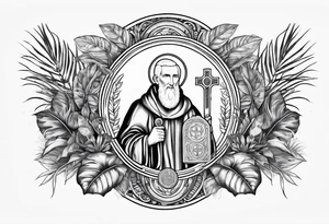 the medal of saint benedict with jungle plants surrounding it tattoo idea