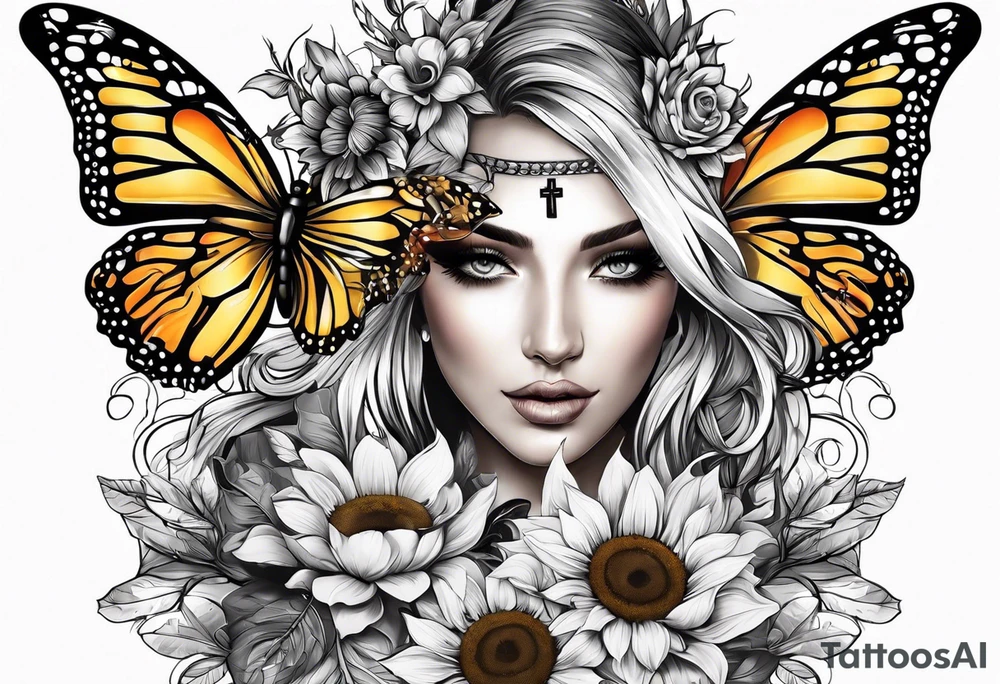 Arm sleeve with Winged cross with sunflower and butterflies tattoo idea