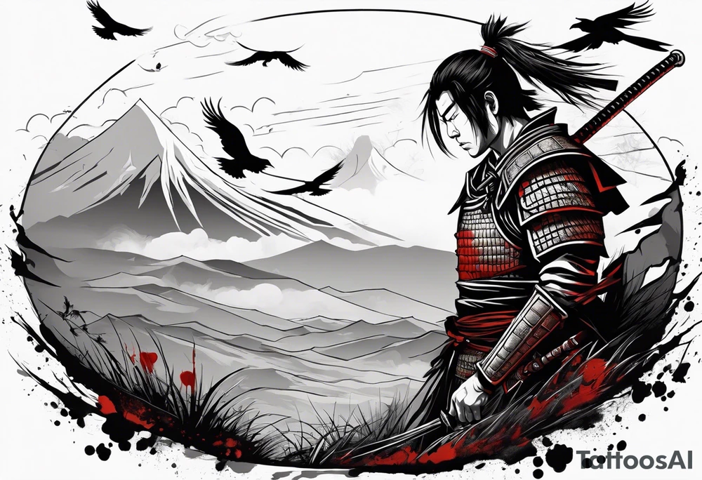 A tired samurai wounded from battle holding his helmet in one hand and in the other hand his sword with a mixture of blood and dirt, wearing his dirty armour he is steeping above some body's from the battle in open field and looking vaguely to the horizon while crows are flyting above him and the corpses tattoo idea