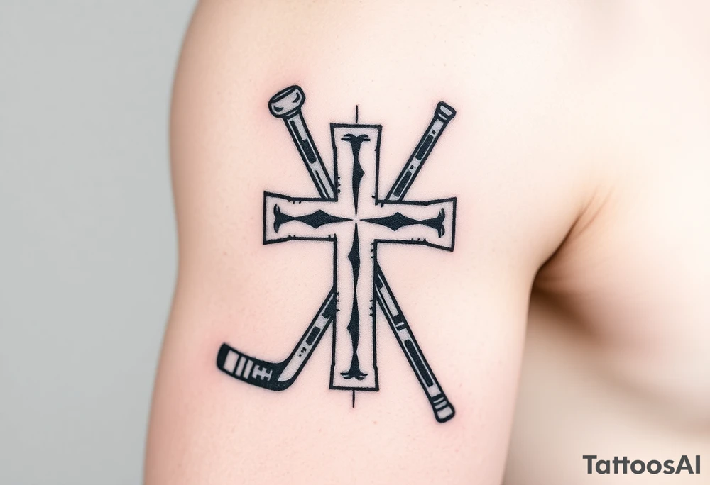 Realistic hockey stick made as a cross tattoo idea