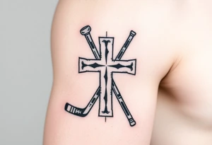 Realistic hockey stick made as a cross tattoo idea