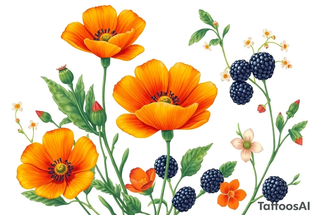 California wildflowers, poppies.  an actual orange fruit and orange blossoms. Blackberries plant/flower. tattoo idea