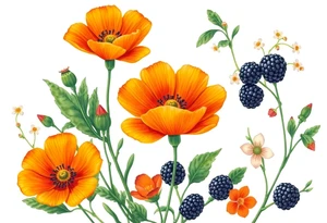 California wildflowers, poppies.  an actual orange fruit and orange blossoms. Blackberries plant/flower. tattoo idea