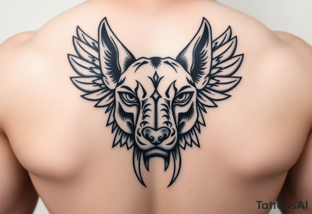 muscle Egyptian Anubis god face in Egypt style dog face tattoo idea