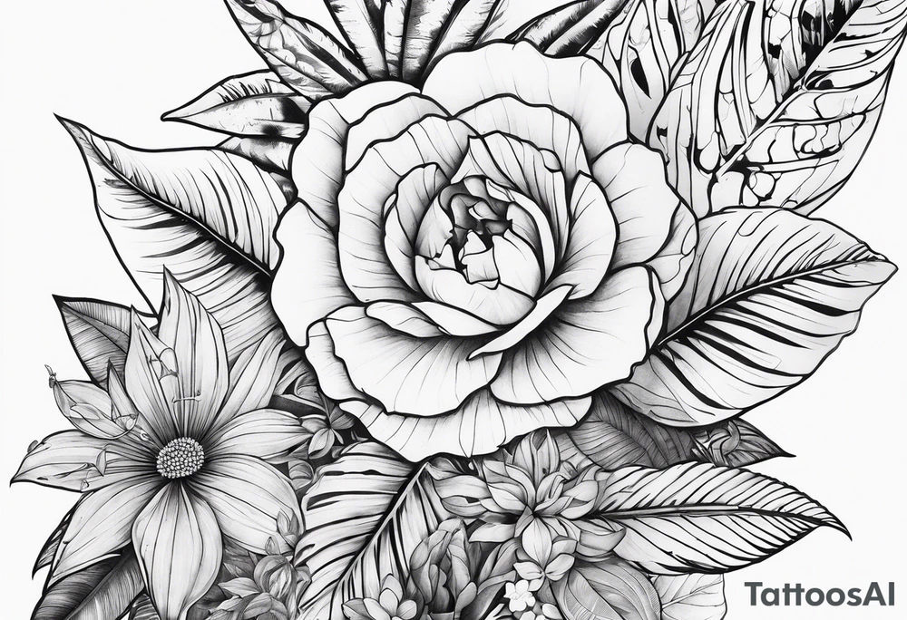 full arm sleeve tattoo with jungle plants and flowers tattoo idea