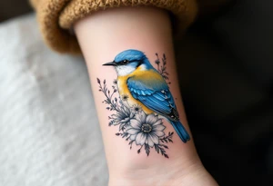 Puffy bluebird surrounded by wild flowers tattoo idea