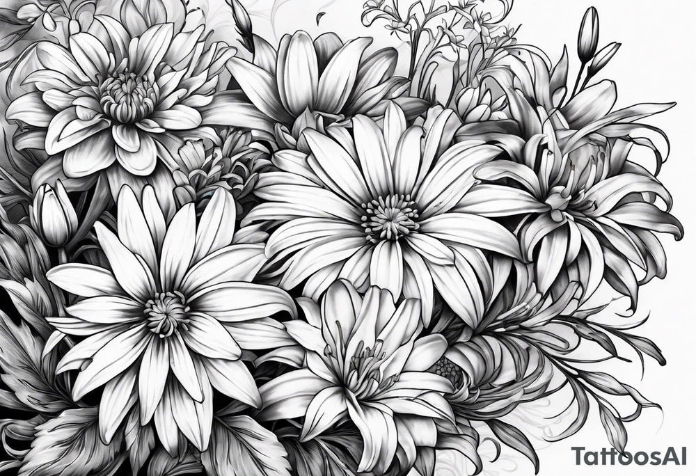 Asters, lillies, and chrysanthemums in a long line tattoo idea