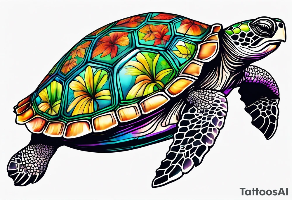 tropical psychedelic turtle, aerial view, from above, high perspective tattoo idea