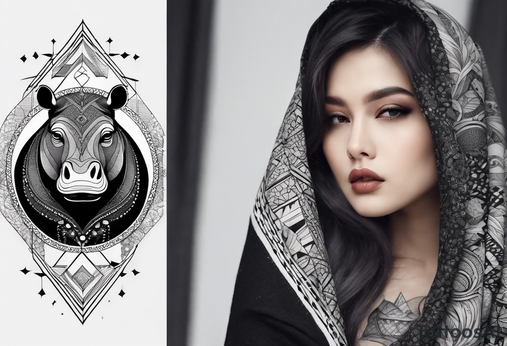 Very asymmetrical, +geometric pattern, with realistic full moon, with hippo,+tribal, +geometric, +inkart , +blackwork, +grey scale, + sketch
with wintersweet flower bud, +for men, detailed layering , combined favourite , tattoo idea