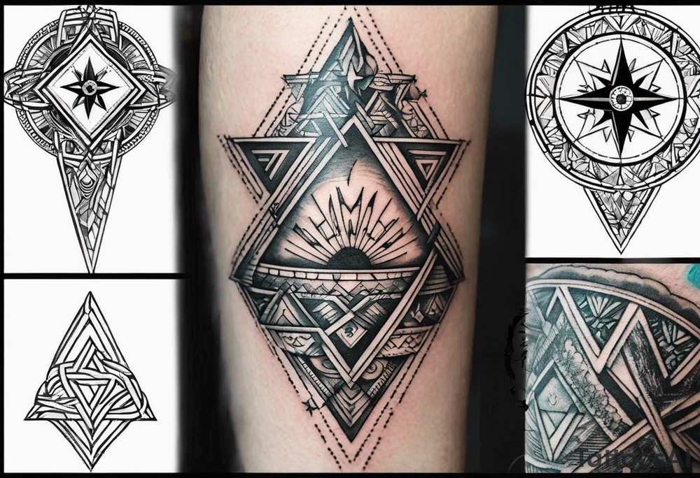 Fine line tattoo in the left forearm on the bottom side. The tattoo will have three shapes placed in a triangle formation. The top shape will be a either a plus sign or a heart that symbolizes health. The bottom left will have a compass rose or a shape symbol for purpose. The bottom right will have three circles placed in a triangle formation to symbolize family. Tattoo should be minimalist with just the shapes filled in and no ornaments tattoo idea