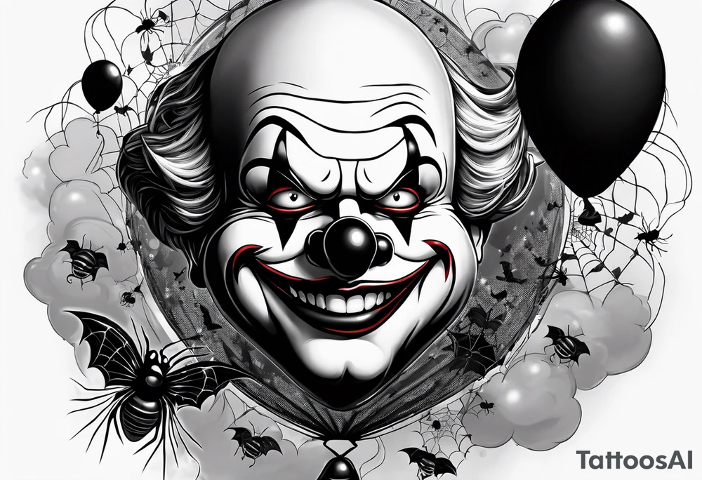 penny wise  the clown 
face on a floating balloon with spiders crawling on the balloon and bats flying around "We All Float" in background tattoo idea