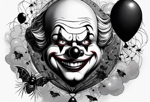 penny wise  the clown 
face on a floating balloon with spiders crawling on the balloon and bats flying around "We All Float" in background tattoo idea