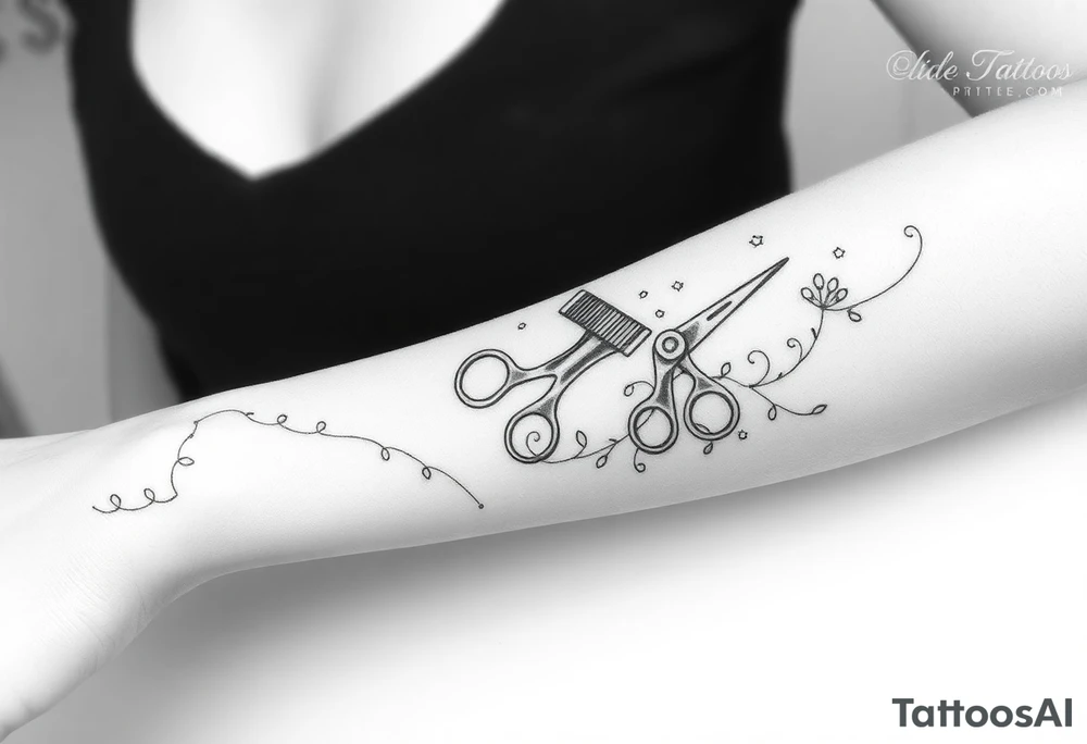 shears running down 3/4 length of the forearm, with a blowdryer. comb. hair color color brush.  groups of bobby pins and vines woven throughout tattoo idea