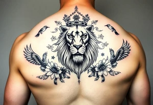 powerful majestic lion with a crown, surrounded by floral ornaments and birds tattoo idea