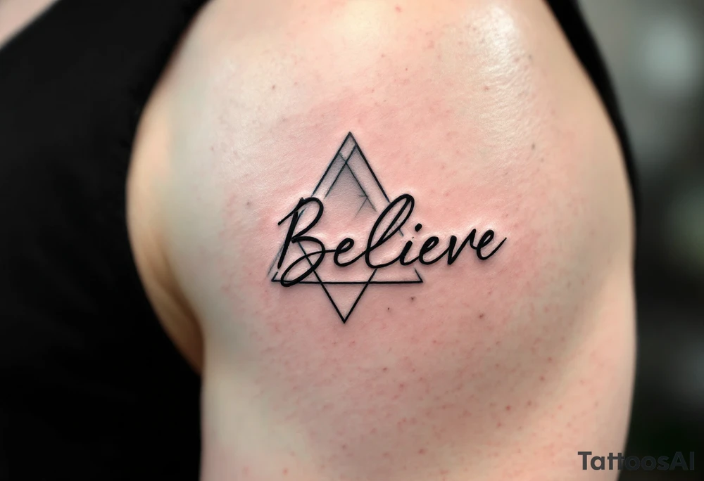 A minimalist "Believe" in black ink, accompanied by geometric shapes in soft gray to represent inner strength and clarity. tattoo idea