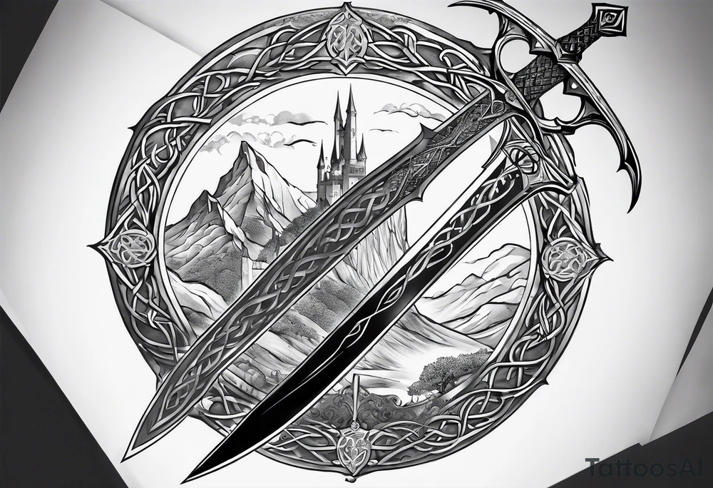 sword of arundil from lord of the rings, with the map of middle earth behind it. Placement side of my left calf. tattoo idea