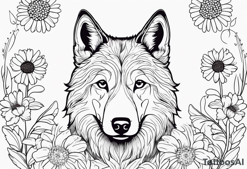 a wolf like dog, with flowers surrounding. birth flowers of family, aster, larkspur, marigold with a daisy growing near it tattoo idea