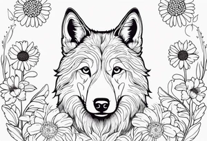 a wolf like dog, with flowers surrounding. birth flowers of family, aster, larkspur, marigold with a daisy growing near it tattoo idea