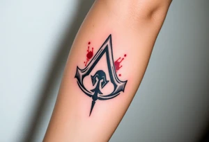 Assassins Creed emblem with Ezio hooded character with blood splashes and weapons tattoo idea