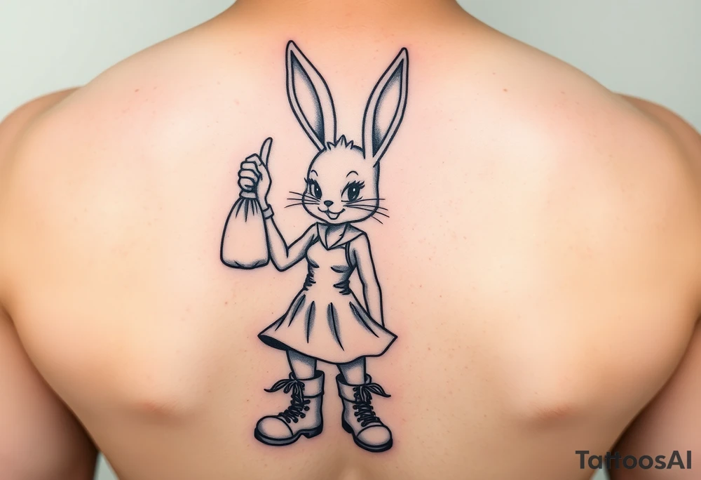 Lola bunny wearing a dress with combat boots and she has a smirk on her face while holding up a bag of money with one hand tattoo idea
