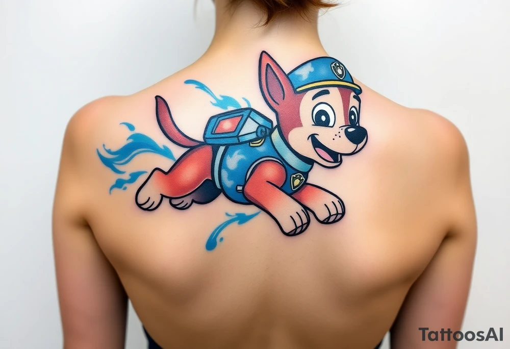 A dynamic silhouette of Paw Patrol member Chase in mid-leap, surrounded by blue energy lines, creating a sense of speed. tattoo idea