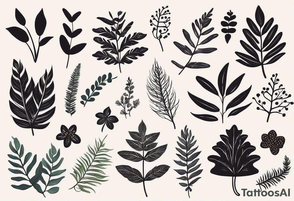 forest floor inspired minimalist tattoo, which includes grass, curly ferns, moss and dead leaves as the bulk of the tattoo. details to include: forest berries, a tiny bumblebee flying nearby, three small brown mushrooms
Generate a vertically long one tattoo idea
