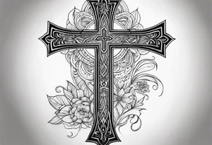 leather half sleeve with detailed cross tattoo idea