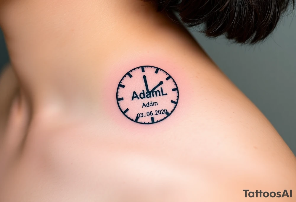 A puzzle-piece styled clock, where the missing piece contains the child’s name "AdamL and birth date "03. 06. 2020", in blue, purple, and silver tattoo idea