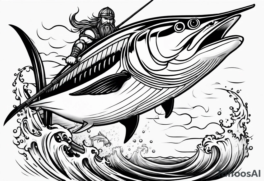 viking superhero catching a blue marlin with tuna jumping tattoo idea