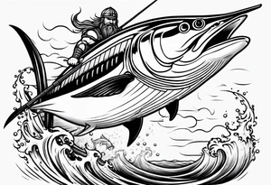 viking superhero catching a blue marlin with tuna jumping tattoo idea