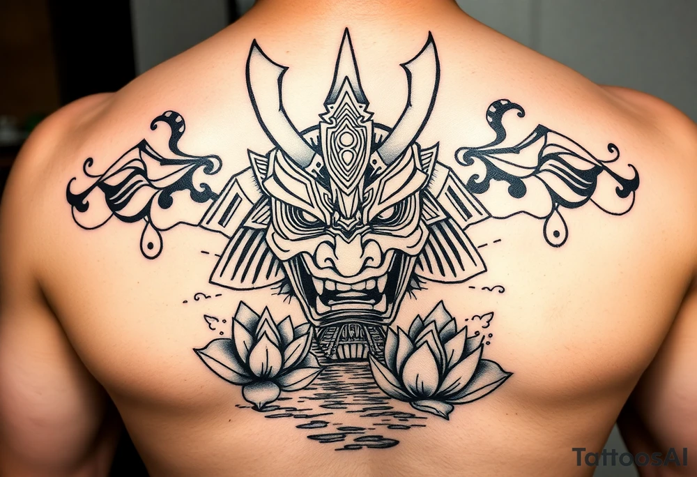 Samurai oni mask, Japanese temple, water, lotus tattoo idea