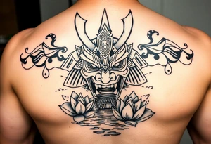 Samurai oni mask, Japanese temple, water, lotus tattoo idea