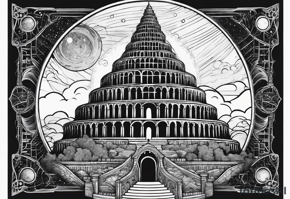 Babel tower with a cosmic background tattoo idea