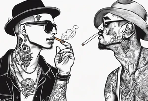 One with one man and one woman, both without hats or glasses. A man with earrings in his ears stands smoking a cigarette, a woman sits with her legs wide apart tattoo idea