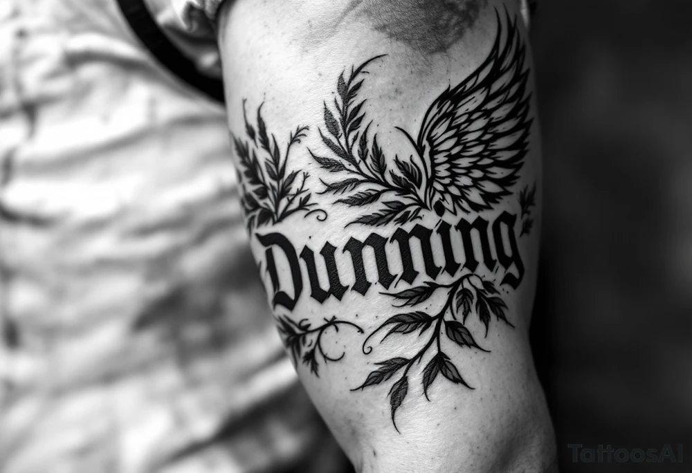 Dunning,on left arm details include angel wing, greek type of font,jungle leaves , tiger claw scratch tattoo idea
