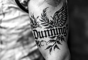 Dunning,on left arm details include angel wing, greek type of font,jungle leaves , tiger claw scratch tattoo idea
