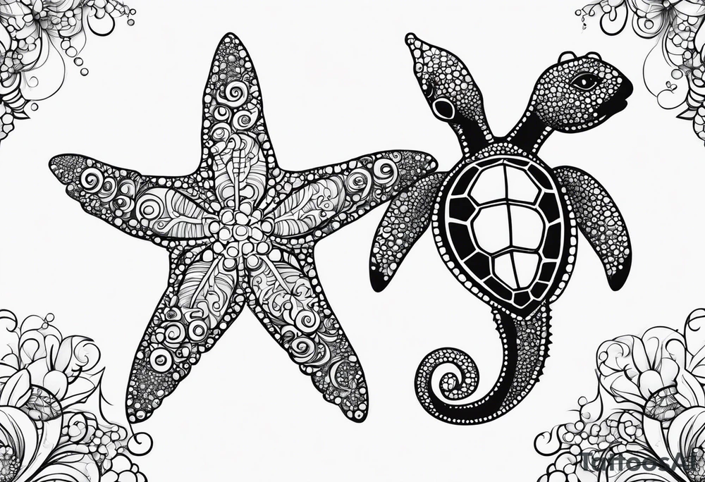 Small Starfish, Seahorse and turtle in a vertical line with bubbles tattoo idea Small Starfish, Seahorse and turtle in a vertical line with bubbles tattoo idea