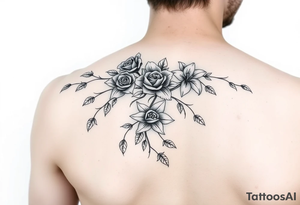 Arm tattoo Orchard vines with roses and lilies tattoo idea