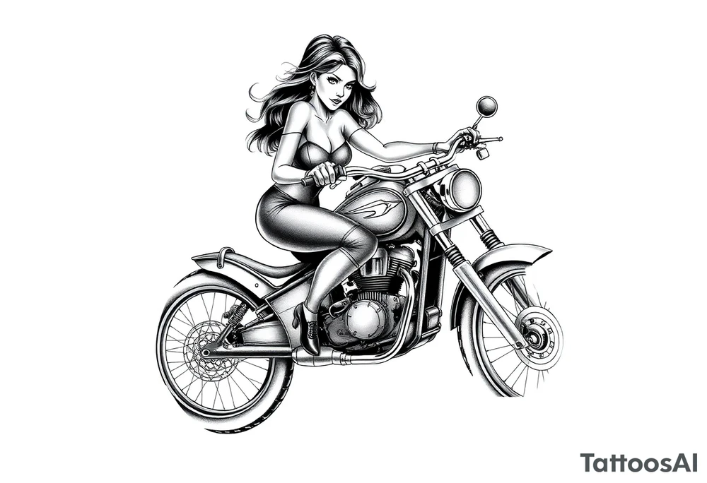 woman on a motorcycle combined with a gambling theme all sleeve tattoo idea