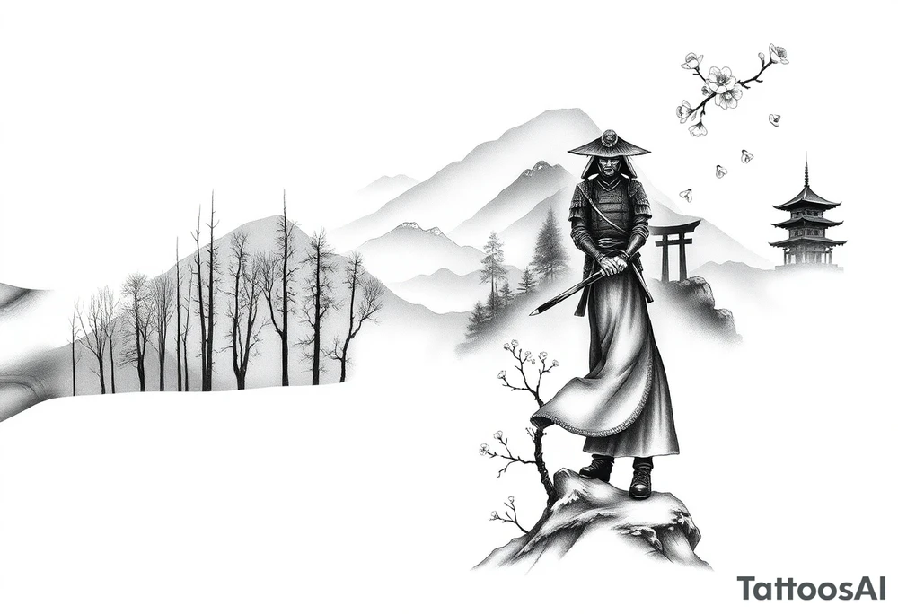 A full-sleeve black-ink composition that begins at the wrist with a dense, atmospheric forest of tall, slender trees rendered in fine linework. The bare branches reach upward, fading into the mist as the forest wraps around the forearm, with layered silhouettes creating depth and a stark, winter-like tone. From the uneven treetop line at the elbow, the design transitions seamlessly into a mist-shrouded mountainous scene on the upper arm. A lone samurai in traditional armor stands with a drawn katana, partially obscured by fog, his silhouette echoing the trees below. In the background, minimalist outlines of Japanese structures like a torii gate and tiered pagoda emerge faintly through the haze. Soft cherry blossoms and peonies drift subtly across the sleeve, tying the entire piece together with gentle motion and contrast, while preserving the moody grayscale aesthetic throughout tattoo idea