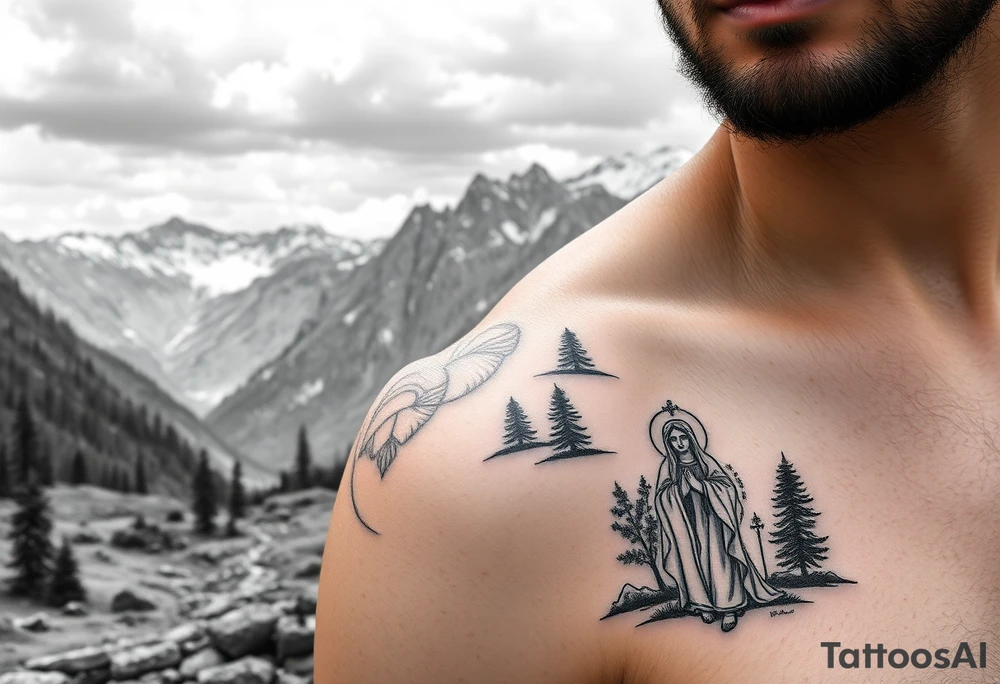 Mountainous valley with creek and a few trees with a Russian orthodox kazan scene covering my shoulder entering my upper arm with a Russian orthodox Virgin Mary tattoo idea