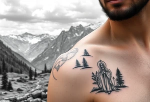 Mountainous valley with creek and a few trees with a Russian orthodox kazan scene covering my shoulder entering my upper arm with a Russian orthodox Virgin Mary tattoo idea