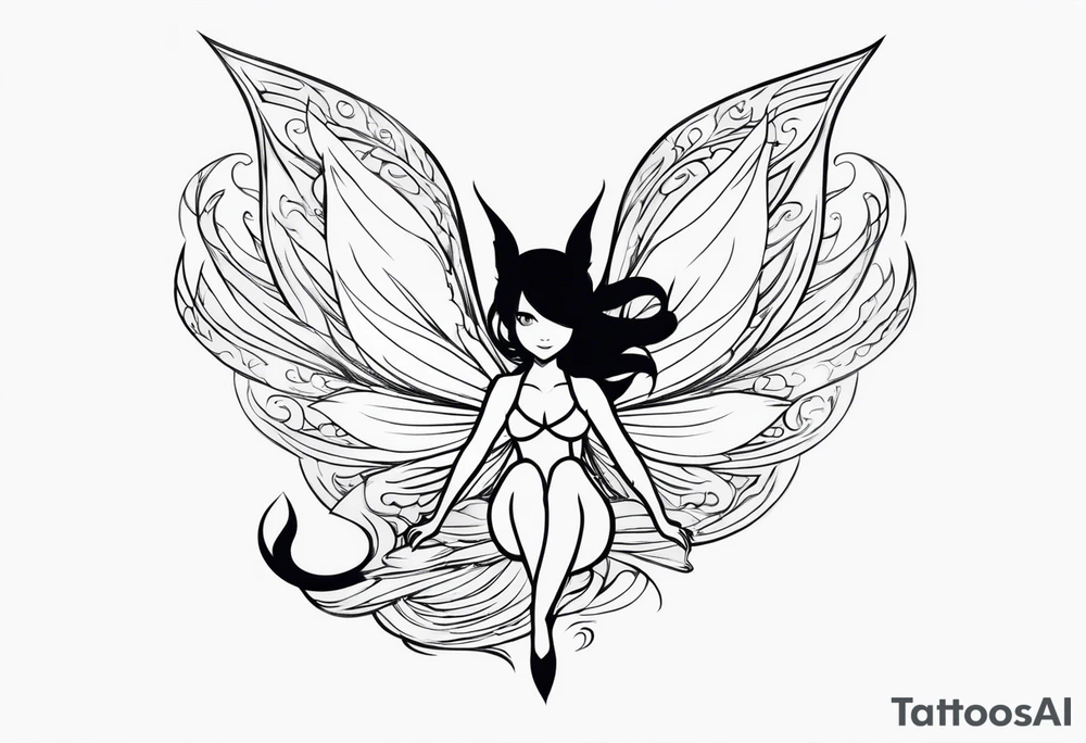 A fairy with a tail inspired by the logo of the show called Fairy Tail leaning in with her body tattoo idea