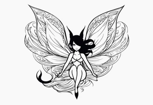 A fairy with a tail inspired by the logo of the show called Fairy Tail leaning in with her body tattoo idea