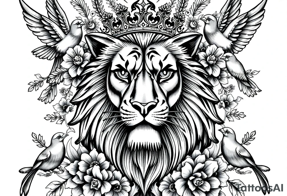 powerful majestic lion with a crown, surrounded by floral ornaments and birds tattoo idea