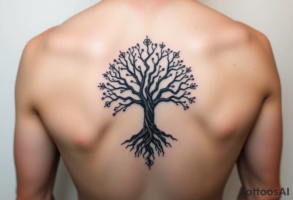 mystical tree of life with cosmic roots and celestial branches tattoo idea