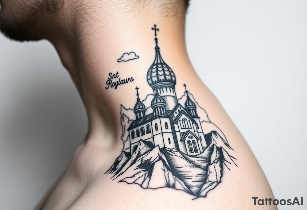 russian orthodox christian left arm tattoo with st basils cathederal in a mountainous setting with clouds tattoo idea