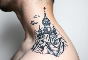 russian orthodox christian left arm tattoo with st basils cathederal in a mountainous setting with clouds tattoo idea