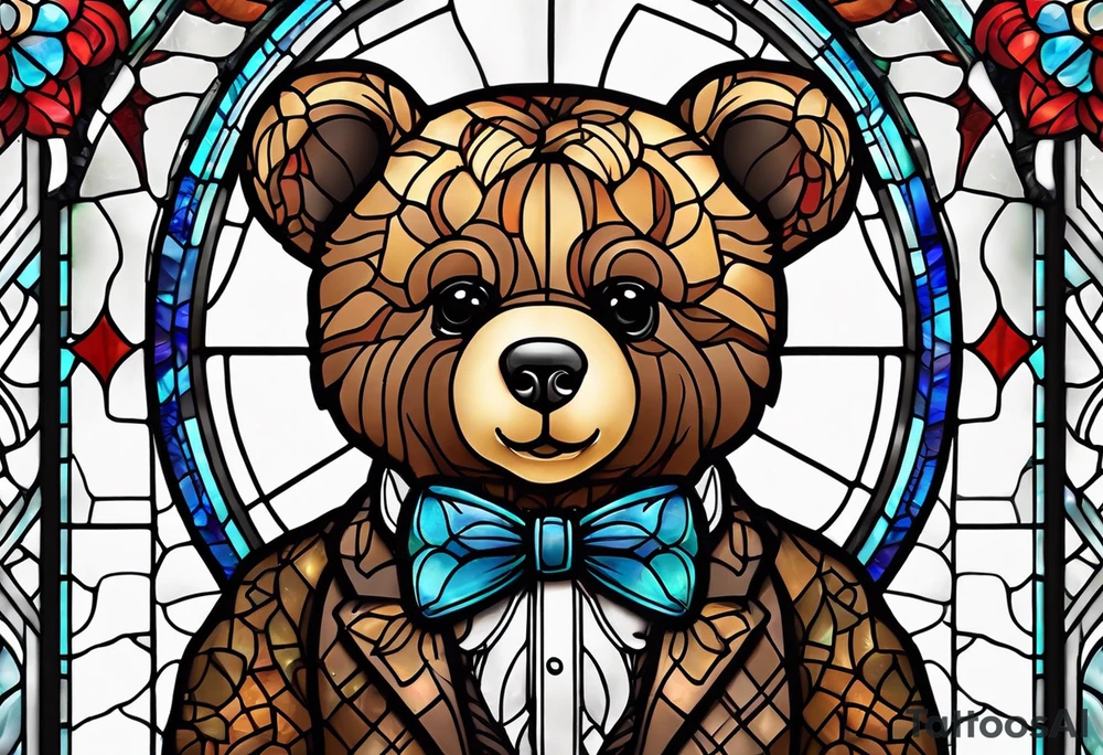 Teddy bear with bow tie stained glass tattoo idea