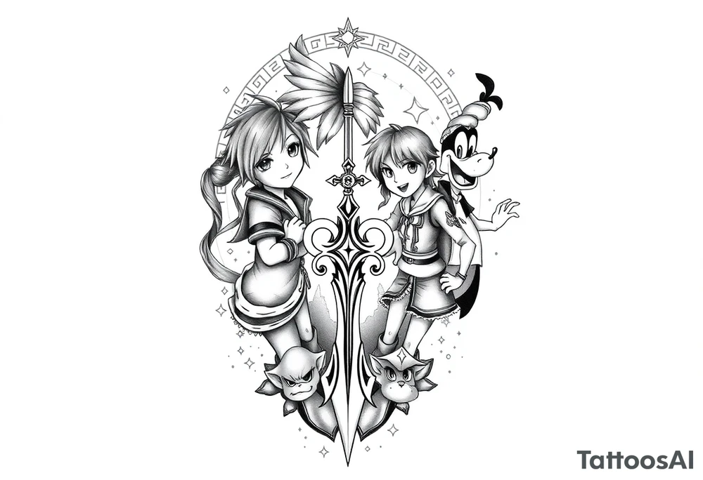 Kingdom Hearts tattoo design featuring sora, kairi, riku, donald and goofy from the game, together in a dynamic, united pose. The centerpiece should include the Heartless Keyblade, with a beautiful and ethereal Kingdom Hearts-inspired background—think glowing stars, floating islands, and stained-glass elements in backroung. The design should capture themes of friendship, light vs. darkness, and adventure. Style should be detailed, fantasy-oriented, and suitable for a large piece tattoo idea